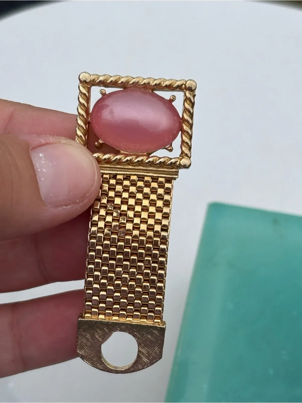 Vintage SWANK Gold Tone Mesh Wrap Cufflinks Pink Moonglow Cabochon Mid Century